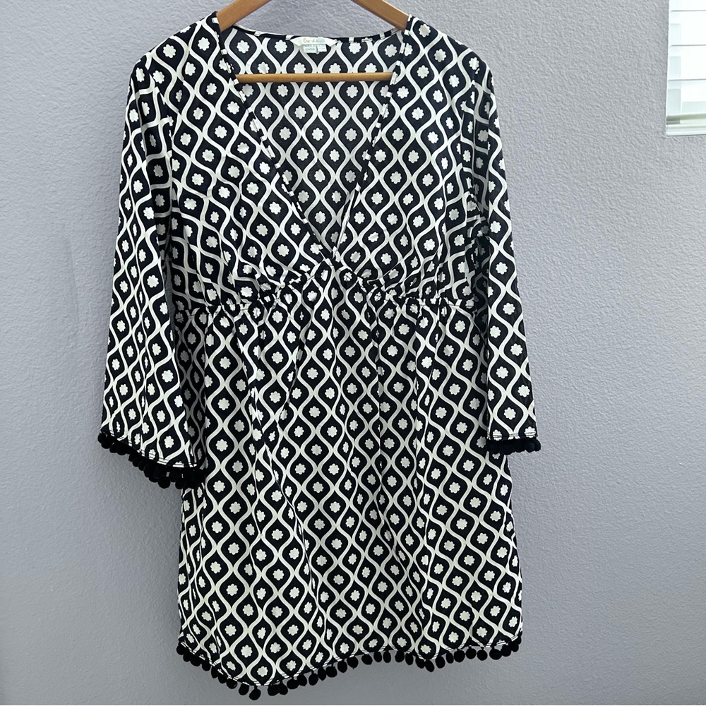 Boden Esmeralda Kaftan/Beach 100% Cotton Cover-up US10 Dark Blue White Pom Pom